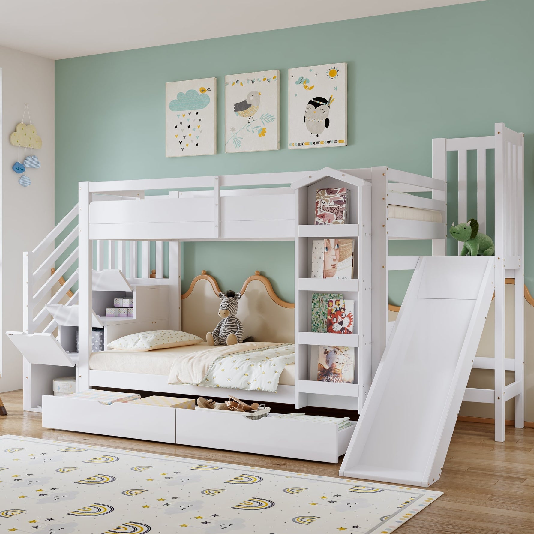 Bunk Bed with Slide, Stair Storage, Bookshelf and Drawers, 90x200cm, White Pine + MDF