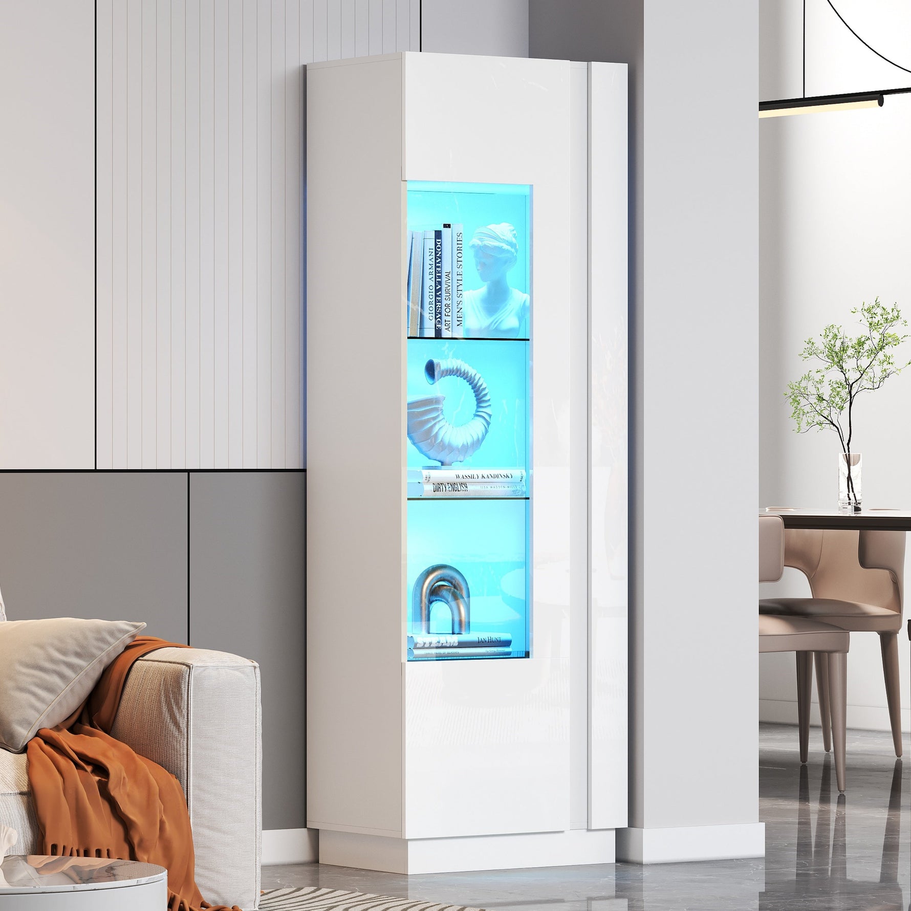 Cabinet, 60x40x180cm High-Gloss Display with LED Lighting, White Acrylic