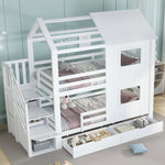 Bunk Bed with Stair Wardrobe, Storage, Window/Roof, 90x200cm, Pine/MDF/Plywood White
