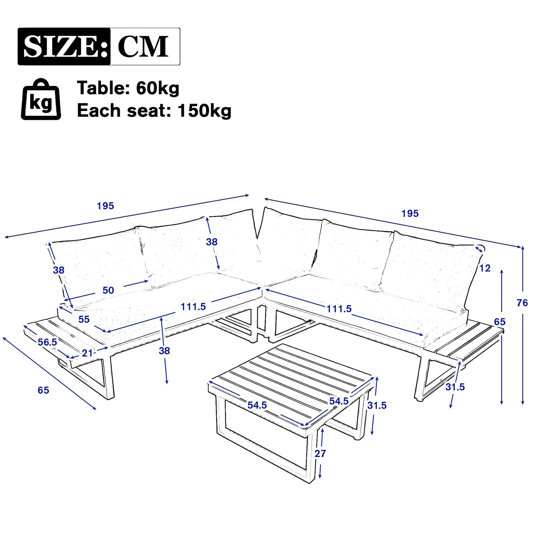 Garden Leisure Set Corner Adjustable Reclining with Coffee Table - Beige/Grey