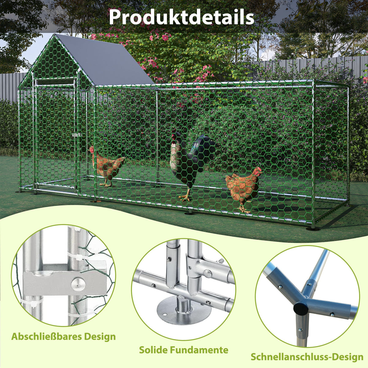 Chicken Coop/Run 3x1x1.5m Safety Lock Waterproof PE Metal Enclosure