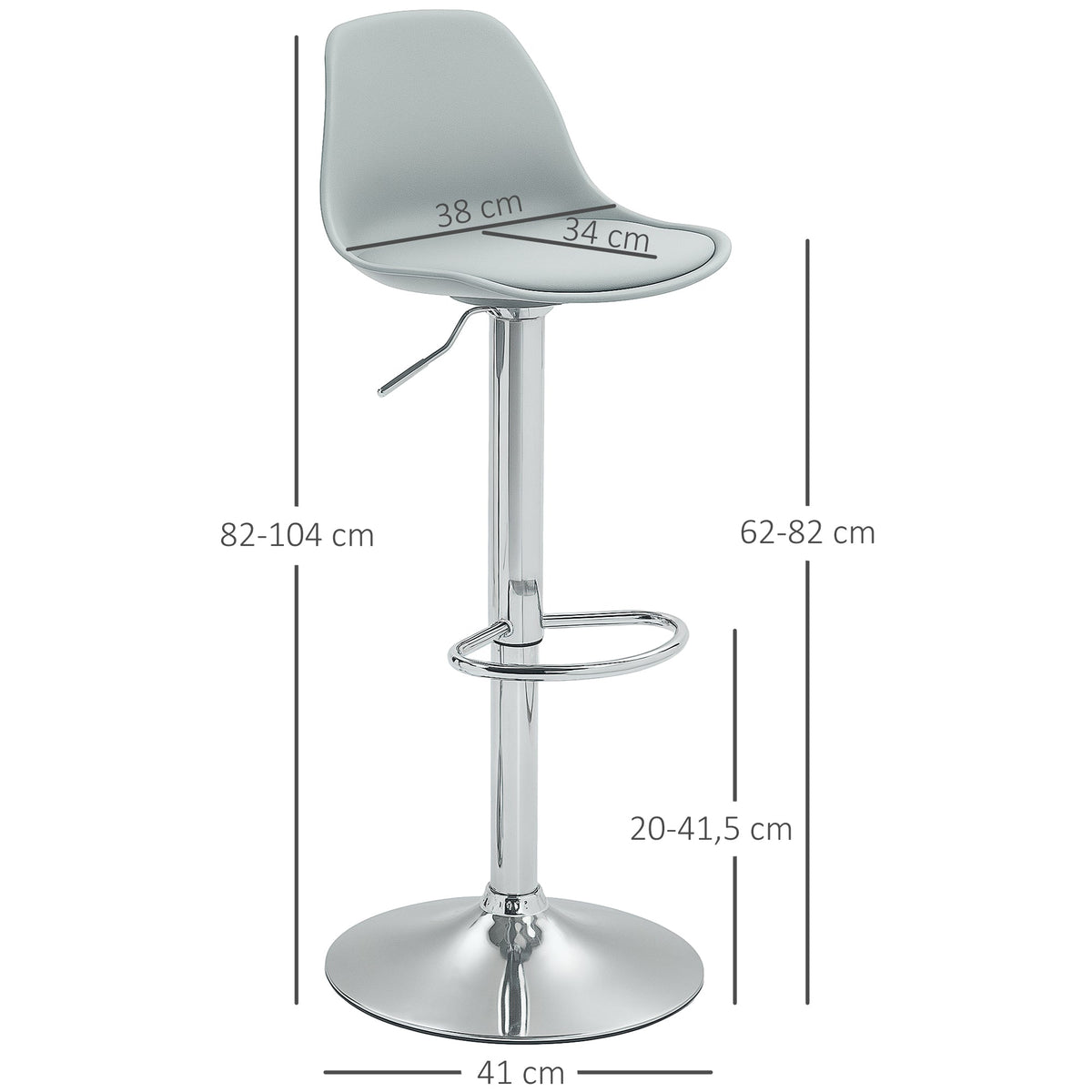 Bar Stool Set of 2, Padded with Steel Frame, Height-Adjustable, Faux Leather Grey