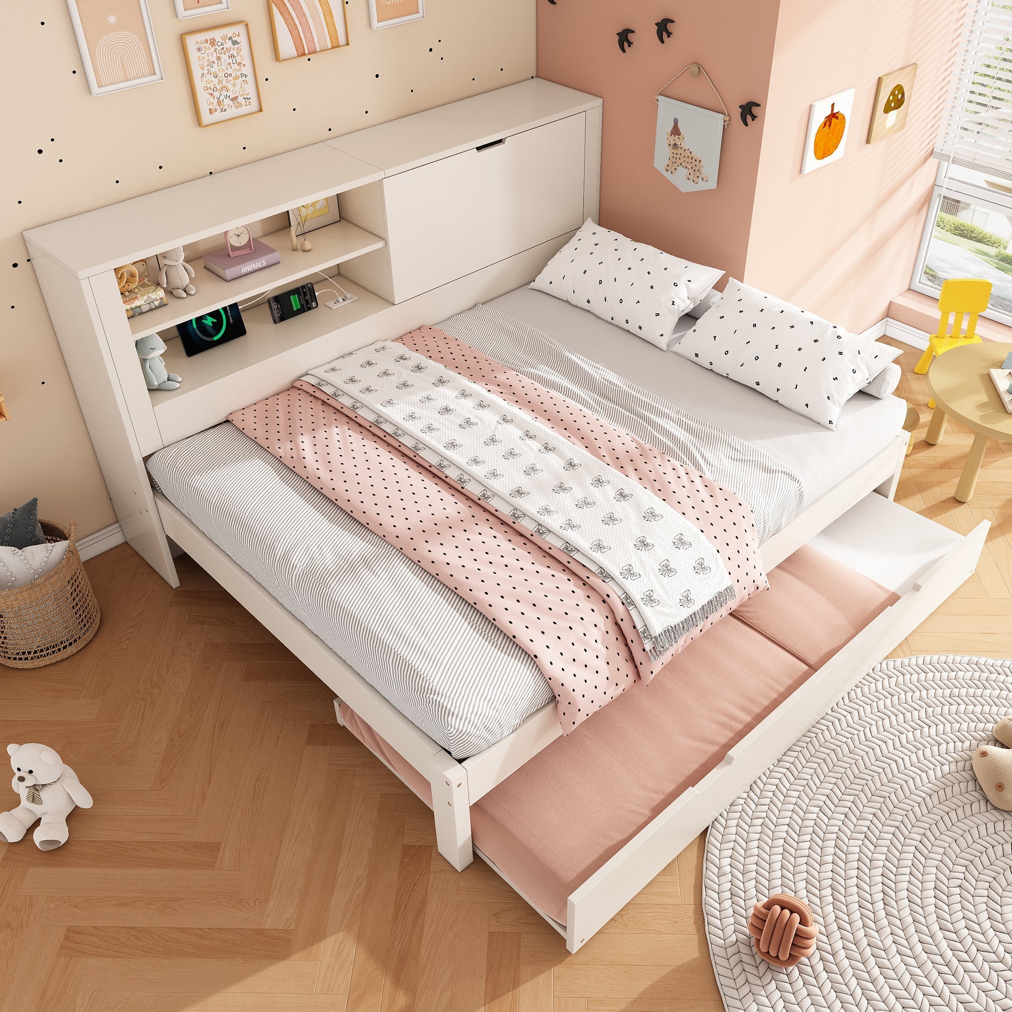 Sofa Bed Double Bed 140x190cm Pull-out Bed 90x190cm Storage USB/Type-C White