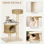Rattan Cat Tree with Cat Cave, Ball Toy, Natural and Beige
