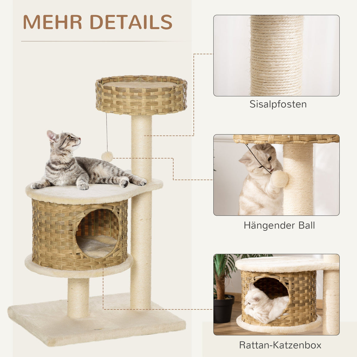 Rattan Cat Tree with Cat Cave, Ball Toy, Natural and Beige