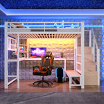 Loft Bed 140x200cm with Desk, Shelves & LED Lighting, White