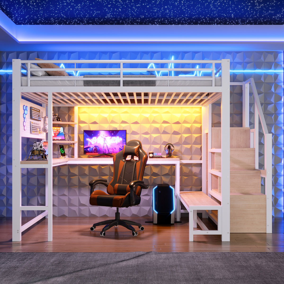 Loft Bed 140x200cm with Desk, Shelves & LED Lighting, White