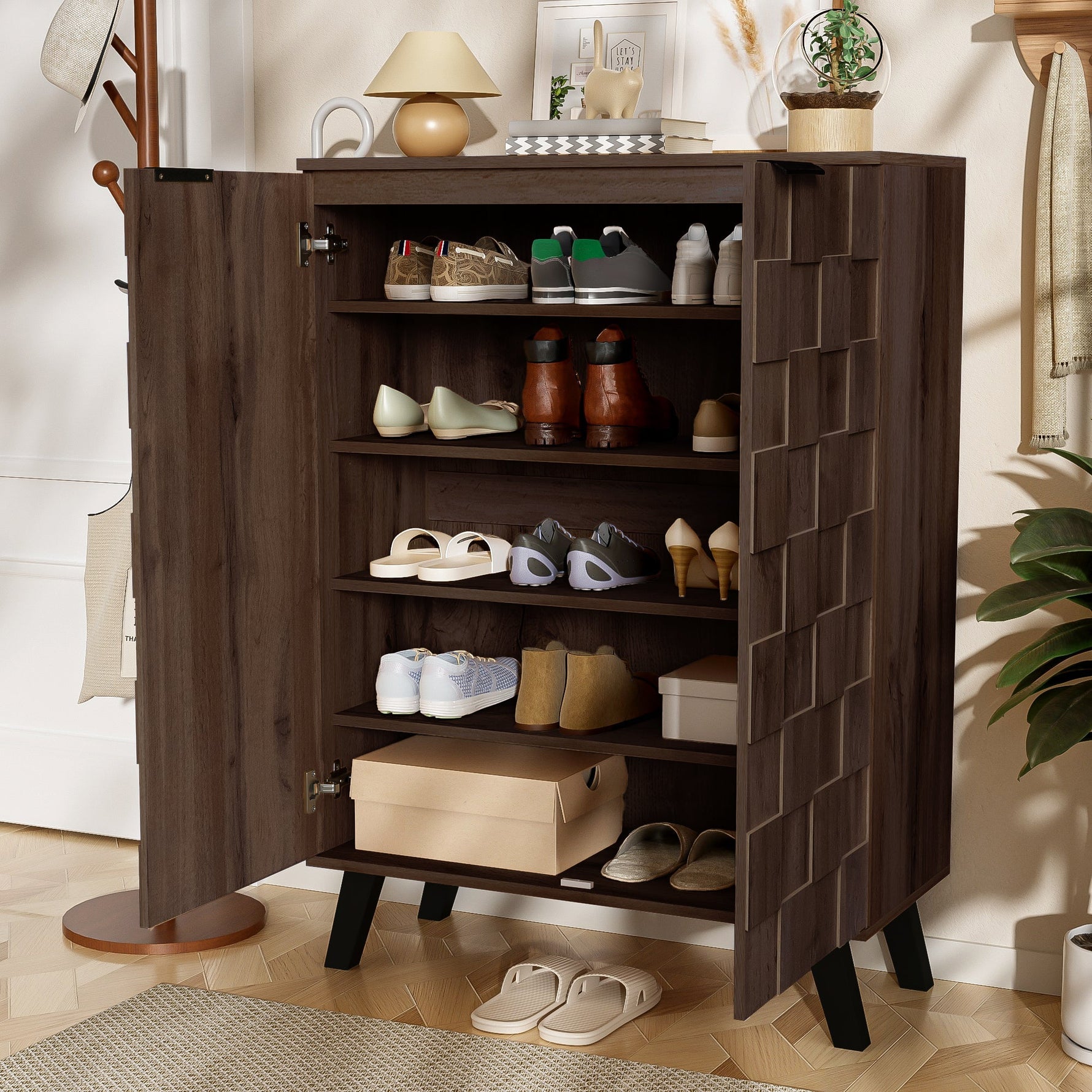 Shoe Cabinet 80x35.5x110cm 5 Compartments Adjustable Shelves - Dark Wood Grain