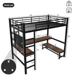 Loft Bed with Desk, Shelves, USB Sockets and LED Strip, Black Iron Frame