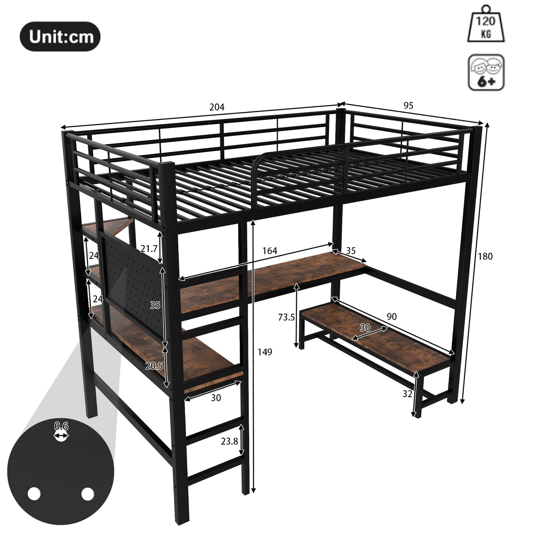 Loft Bed with Desk, Shelves, USB Sockets and LED Strip, Black Iron Frame