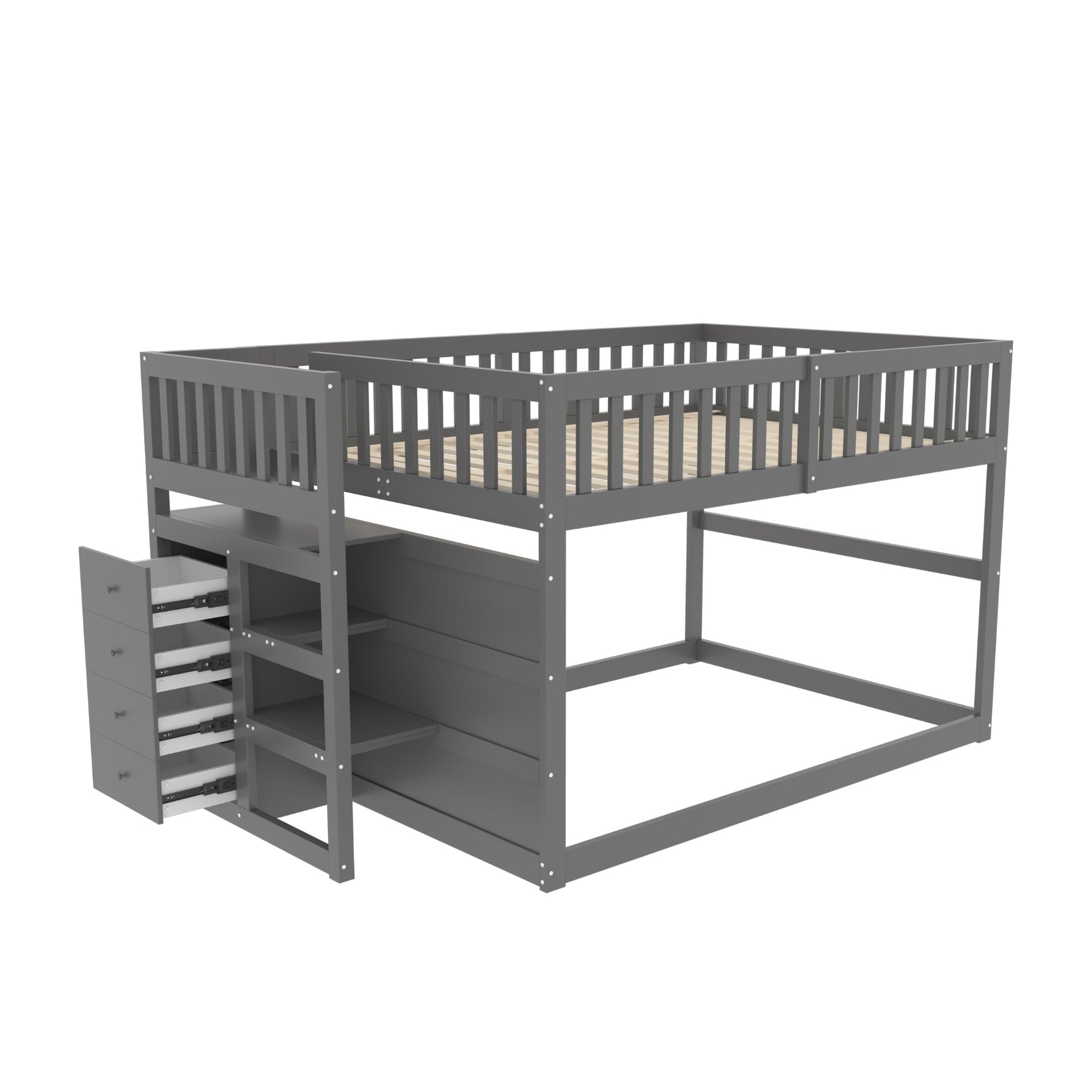 Low Bunk Bed, 140x200cm Safety with Storage, Wooden, Grey