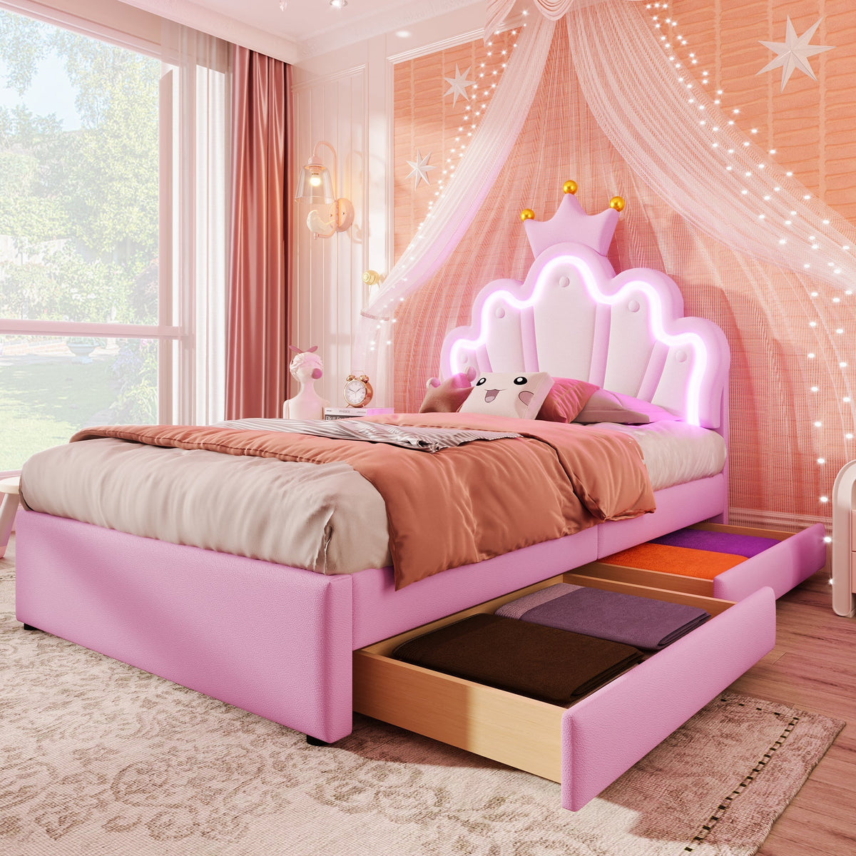Upholstered Bed 90x200cm Crown Headboard Ambient Light 2 Drawers - Pink PU