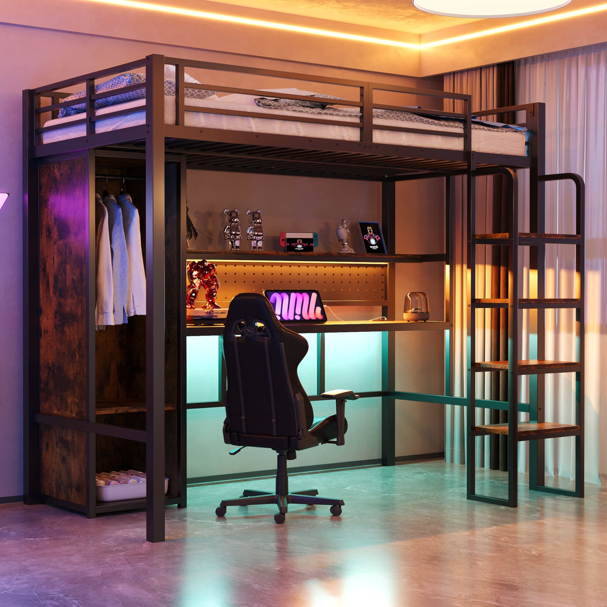 Metal Loft Bed with Large Desk, Wardrobe and LED Light Strip, Black