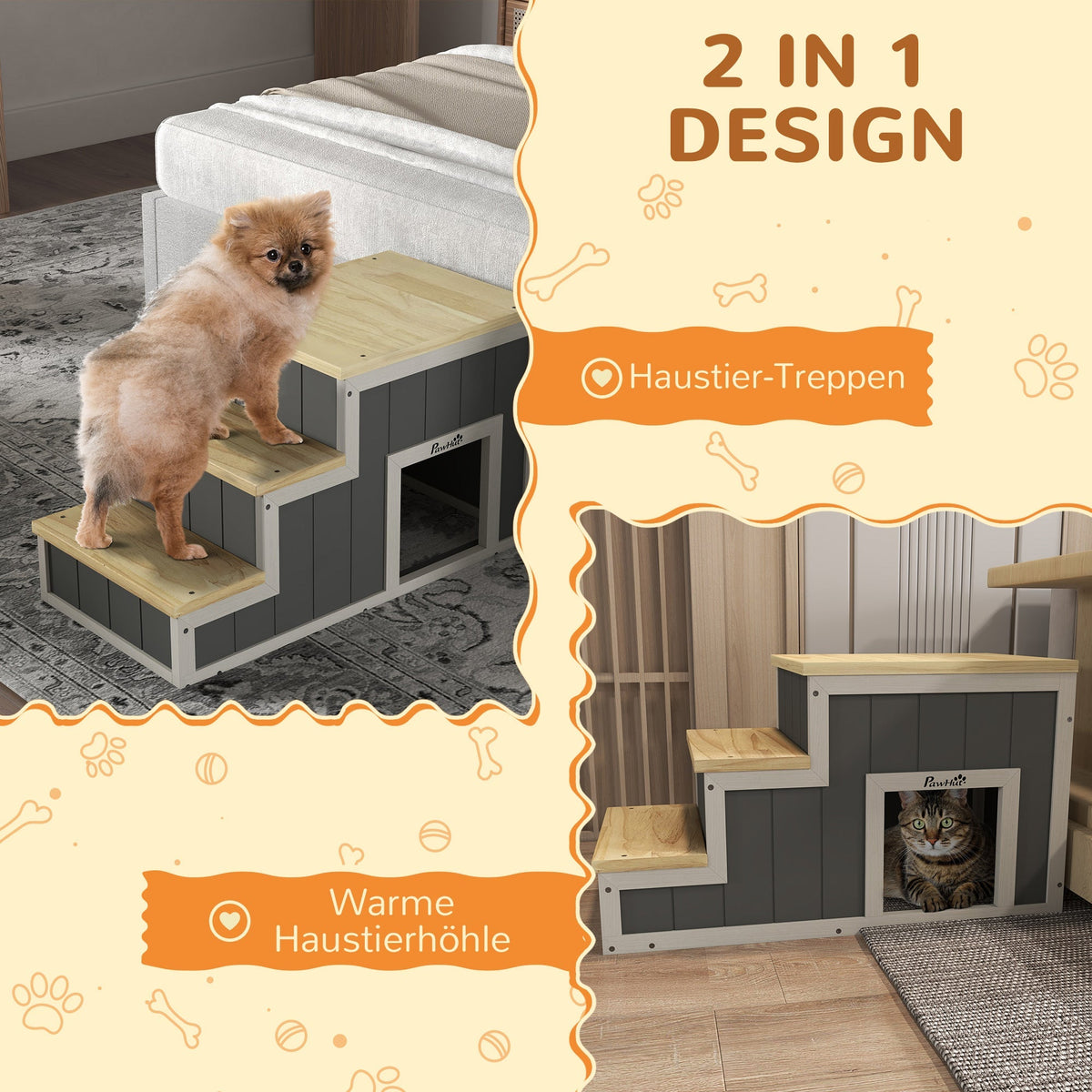 Pet Stairs 2-in-1 Cave 3 Steps Ramp, Wood