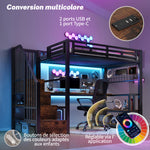 Loft Bed 90x200cm with Desk, LED & Storage, Black Metal