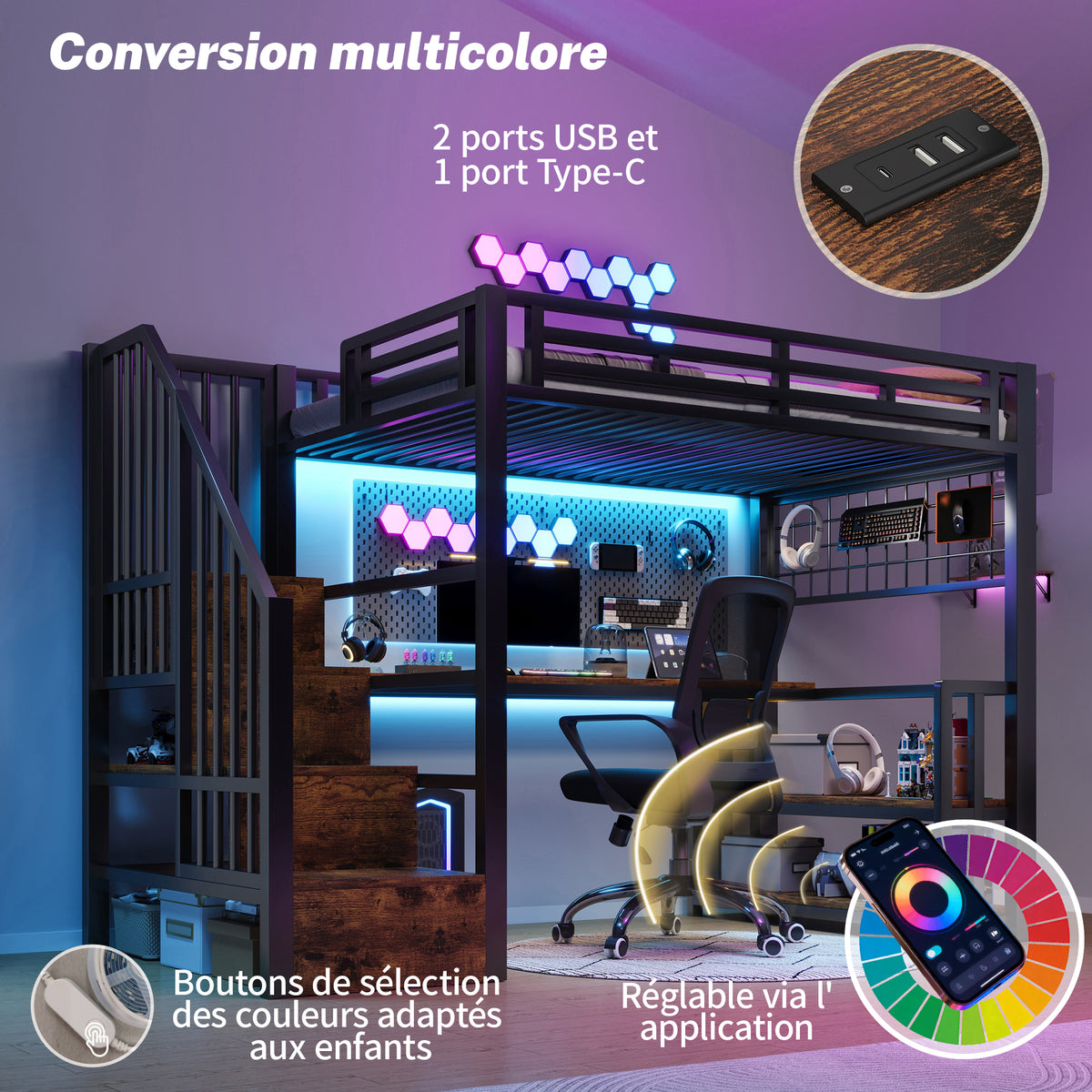Loft Bed 90x200cm with Desk, LED & Storage, Black Metal