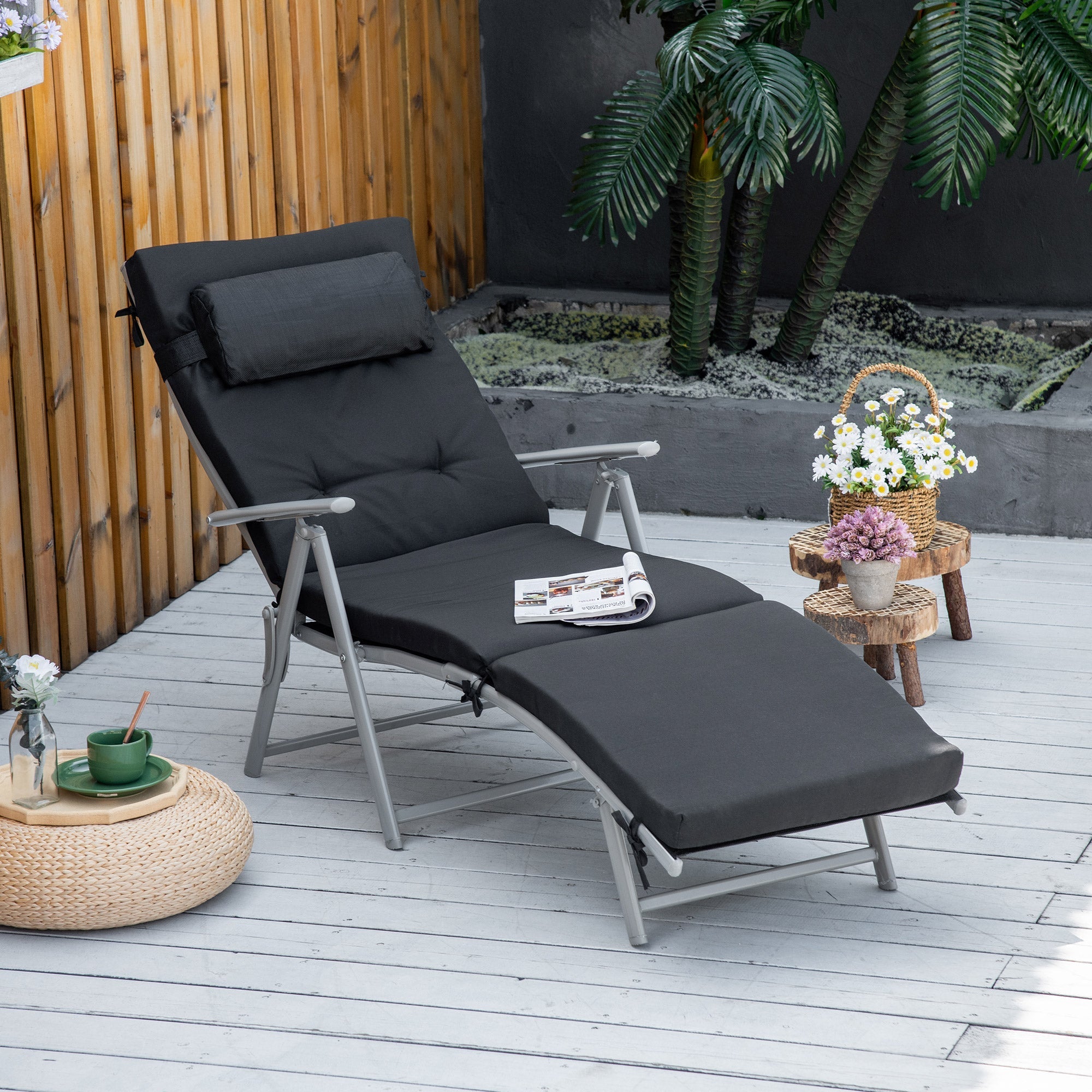 Foldable Beach Lounger, 7 Adjustable Positions Weather-Resistant Cushion, Black Texteline/Metal