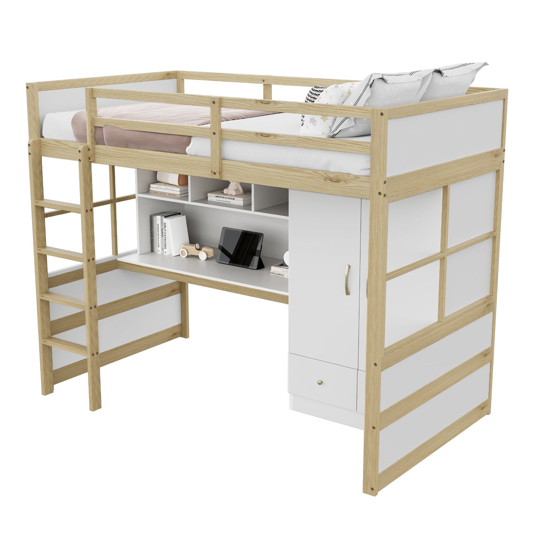 Loft Bed, 90x200cm with Ladder, Desk, Wardrobe & Drawers, Wood Color