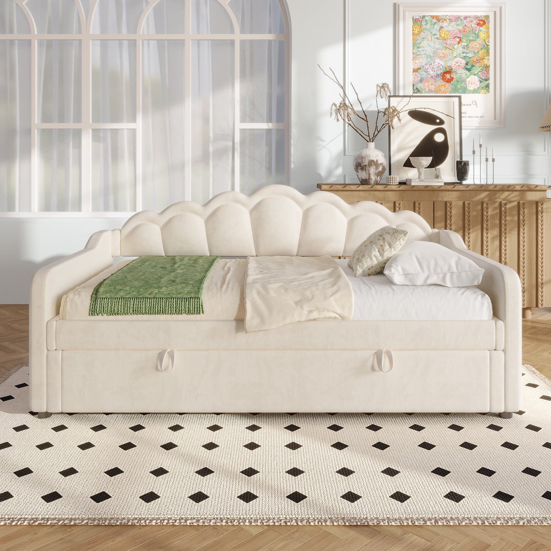 Daybed Sofa Bed 90x200cm Hydraulic Storage LED - Velvet Beige