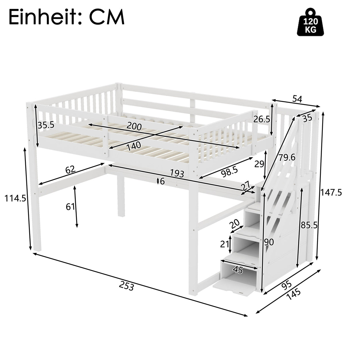 Children's Loft Bed 140x200cm with Storage Drawers & Desk, White