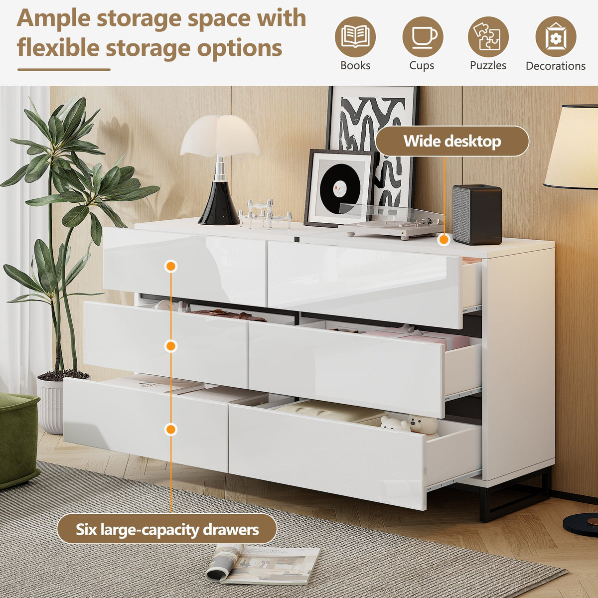 Living Room Sideboard, 6-Drawer High-Gloss Cabinet with Metal Legs, White/Black