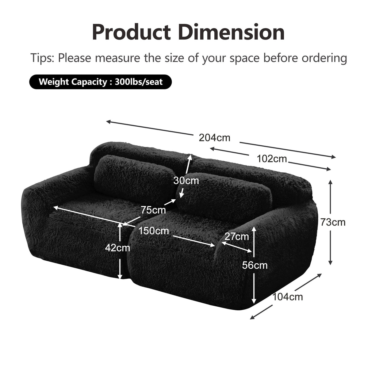 2-Seater Sofa Modular Frameless Plush Fabric with Cushions - Black