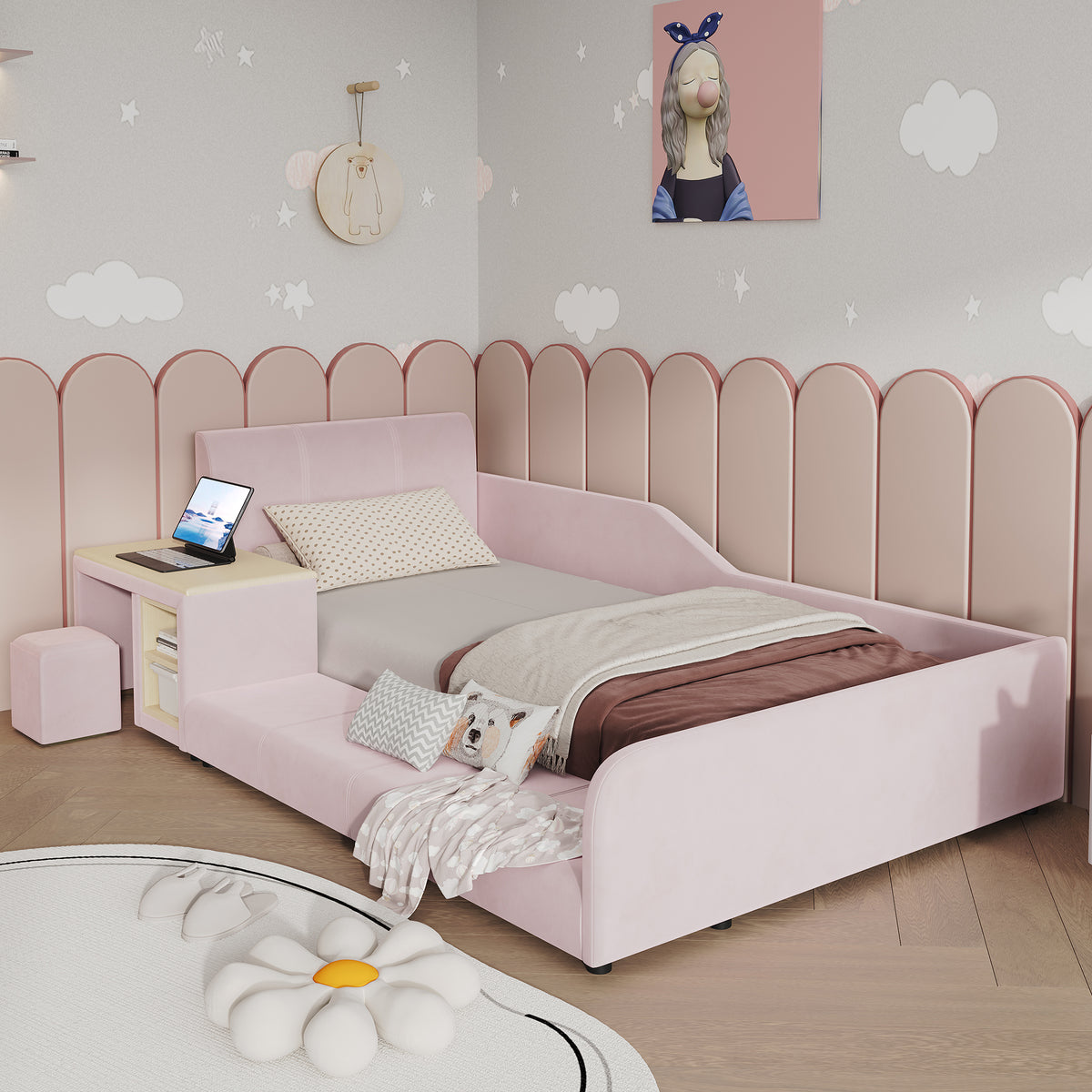 Upholstered Kids Bed Set with Desk & Stool, 90x200cm - Pink Velvet