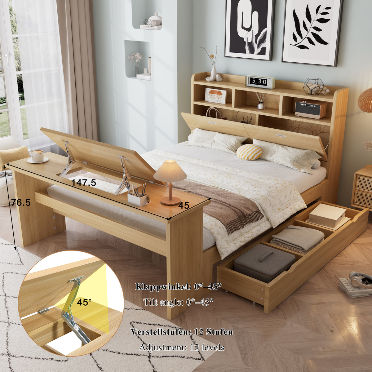 Children's Single Bed 140x200cm with Storage & Table, Natural Wood