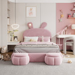 Upholstered Bed Hydraulic Storage, Bunny Ears LED Strips, 140x200cm, Stools, Velvet Pink