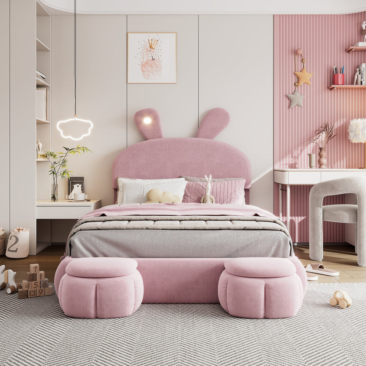 Upholstered Bed Hydraulic Storage, Bunny Ears LED Strips, 140x200cm, Stools, Velvet Pink