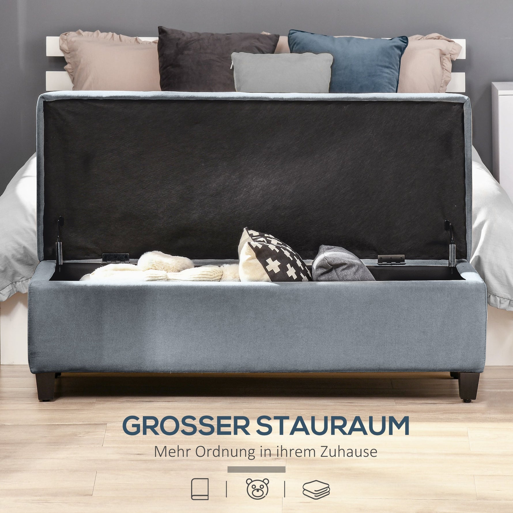 Upholstered Storage Bench with Lid, Linen Look, Grey