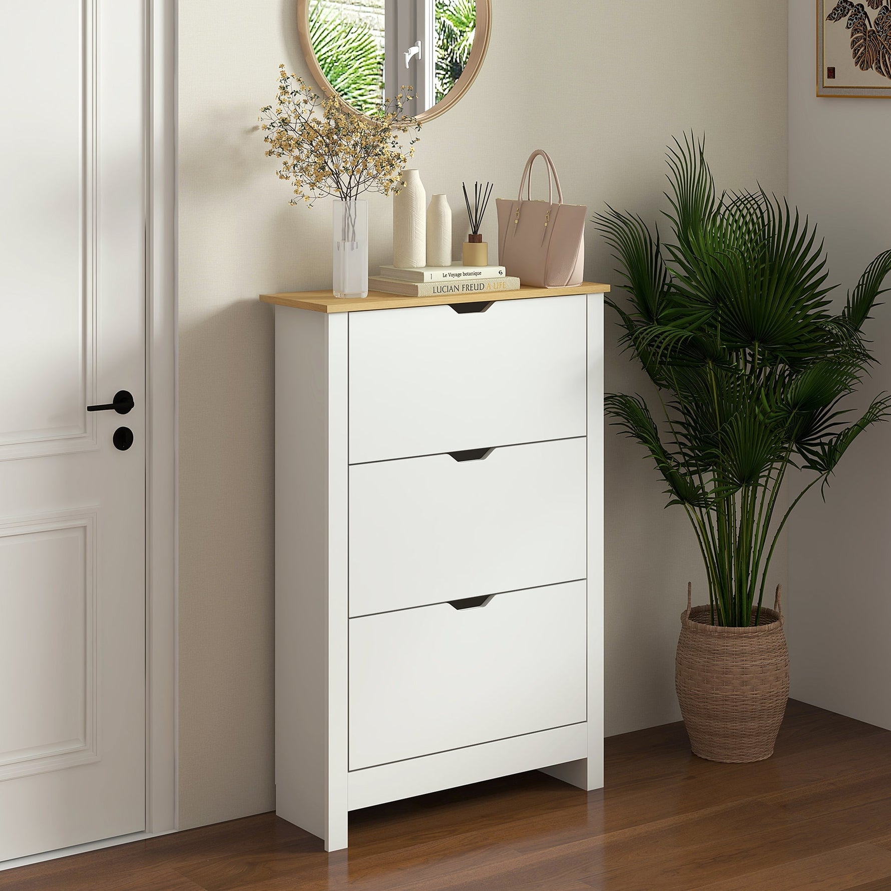 Shoe Cabinet Rack 3 Flaps 18 Pairs, Space-Saving, White Natural
