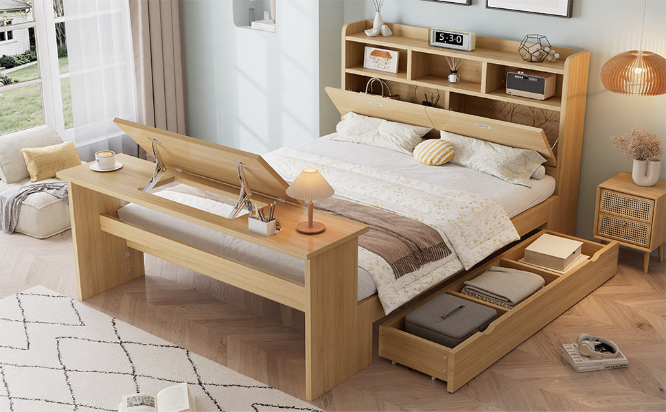 Children's Single Bed 140x200cm with Storage & Table, Natural Wood