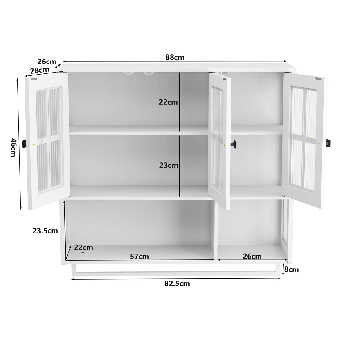 Bathroom Wall Cabinet, 3-Door Wooden with Open/Hidden Storage & Towel Bar, White
