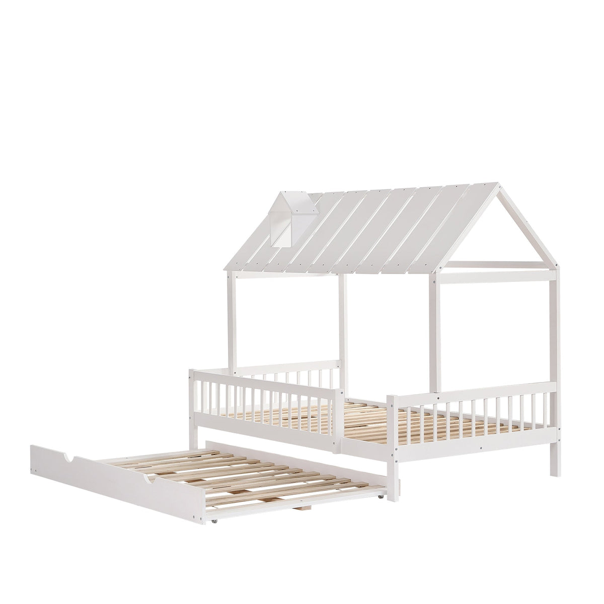 House Bed, Trundle Bed with Chimney, 3-Sided Rail, Pine+MDF, White