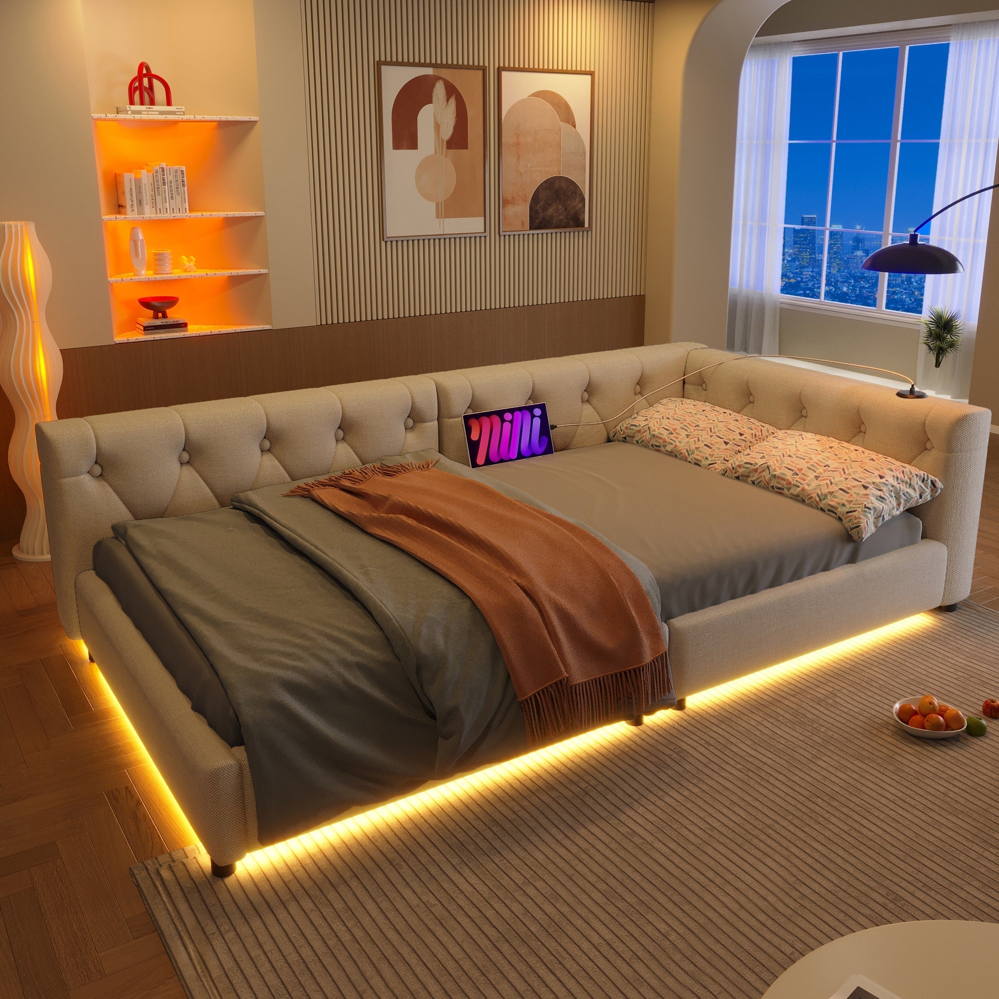 Daybed Sofa Bed 90x200cm Slatted Base LED Remote USB-C Linen Beige