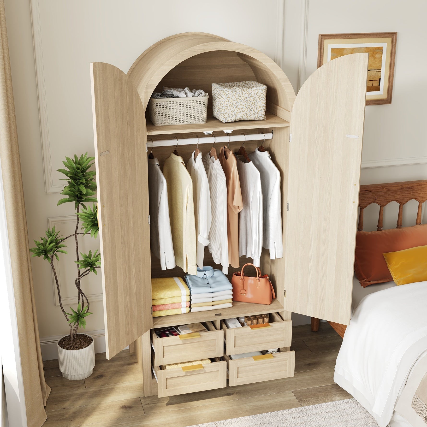 Modern Wardrobe with Curved Doors, Clothes Rail and Drawers, Oak MDF