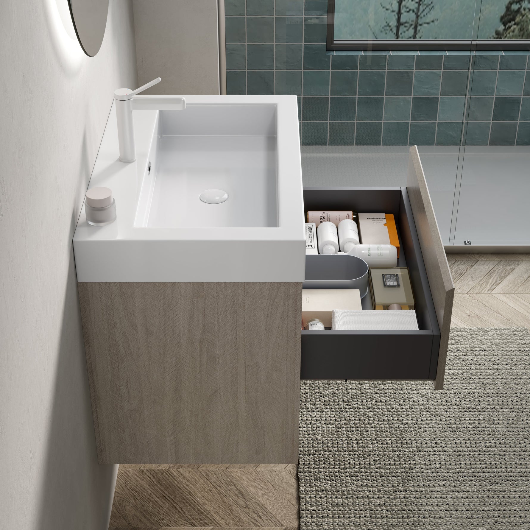 Wall-Mounted Bathroom Vanity Unit with Integrated Resin Basin and Storage, Light Oak wood Grain Color