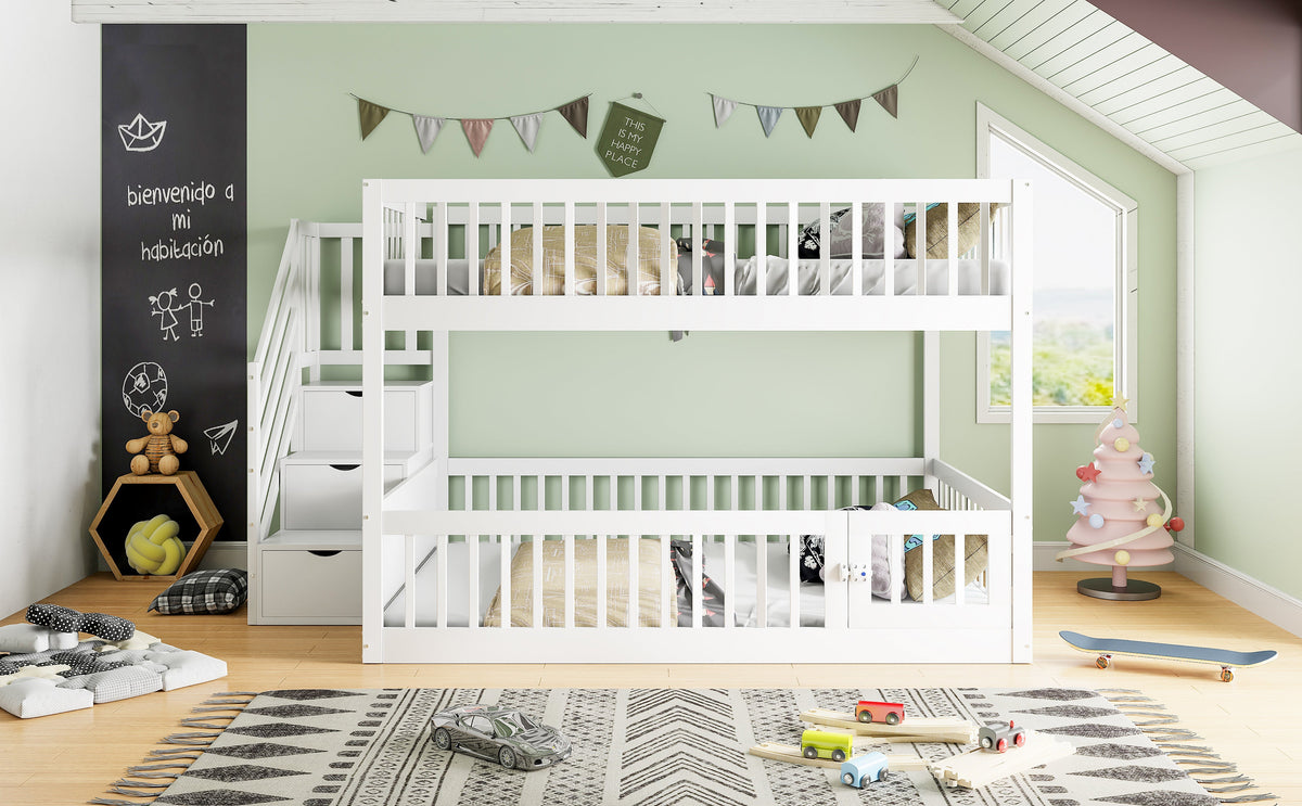 Bunk Bed 140x200, with Safety Stairs and Storage Drawers, White Wood