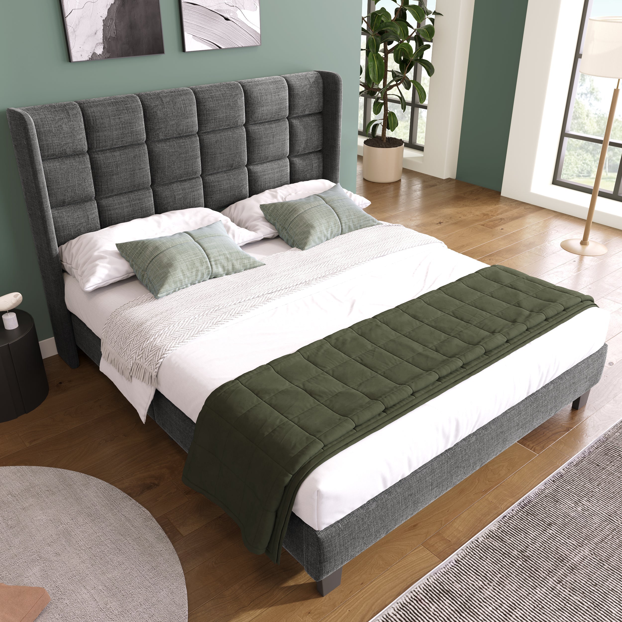 Upholstered Bed with Headboard, Slatted Frame, 140x200cm, Grey Linen