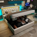 Upholstered Bed with LED, Storage, USB-C Headboard, 140x200 Cotton