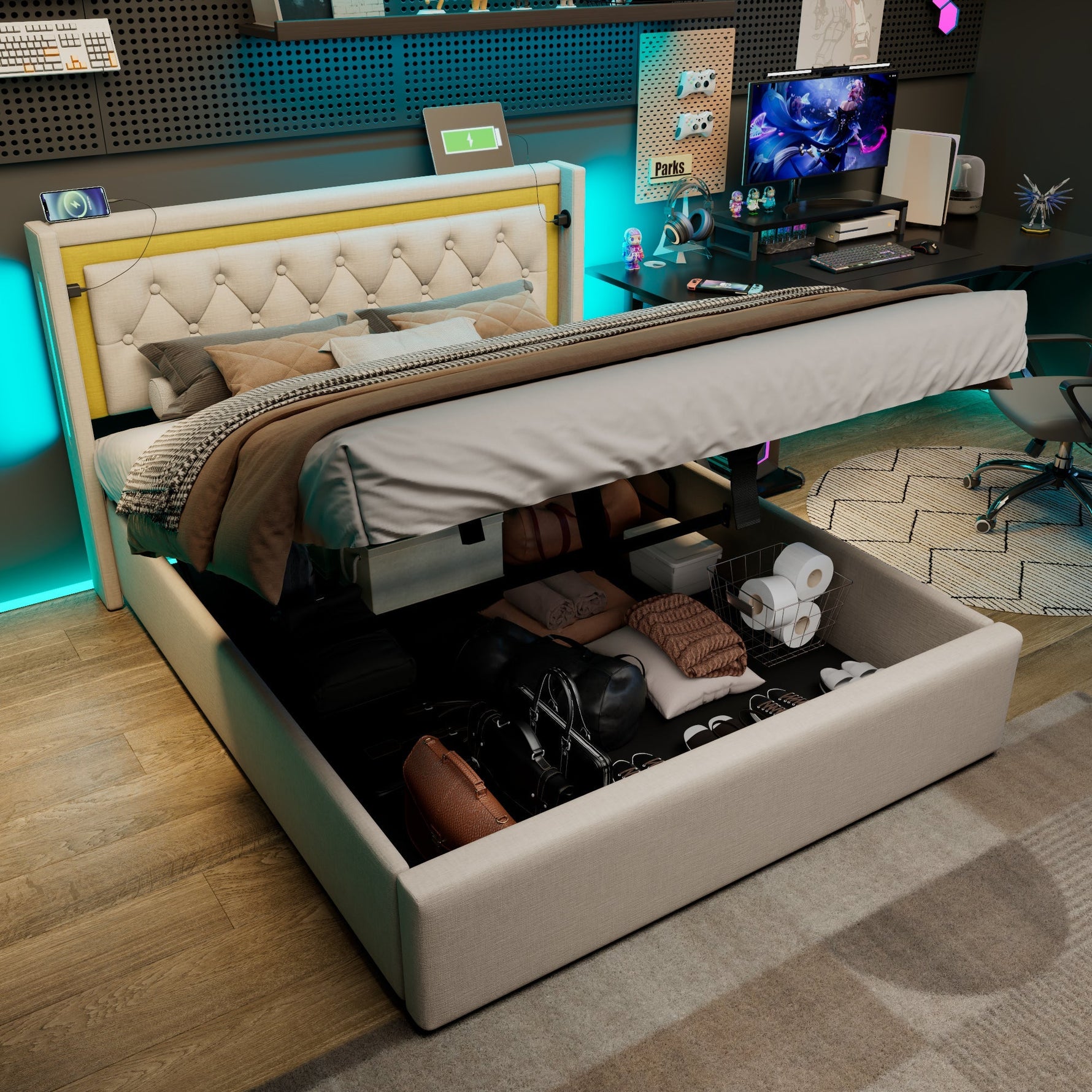 Upholstered Bed with LED, Storage, USB-C Headboard, 140x200 Cotton