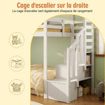 Bunk Bed with Storage Stairs and Fall Protection, 90x200cm, White Solid Wood