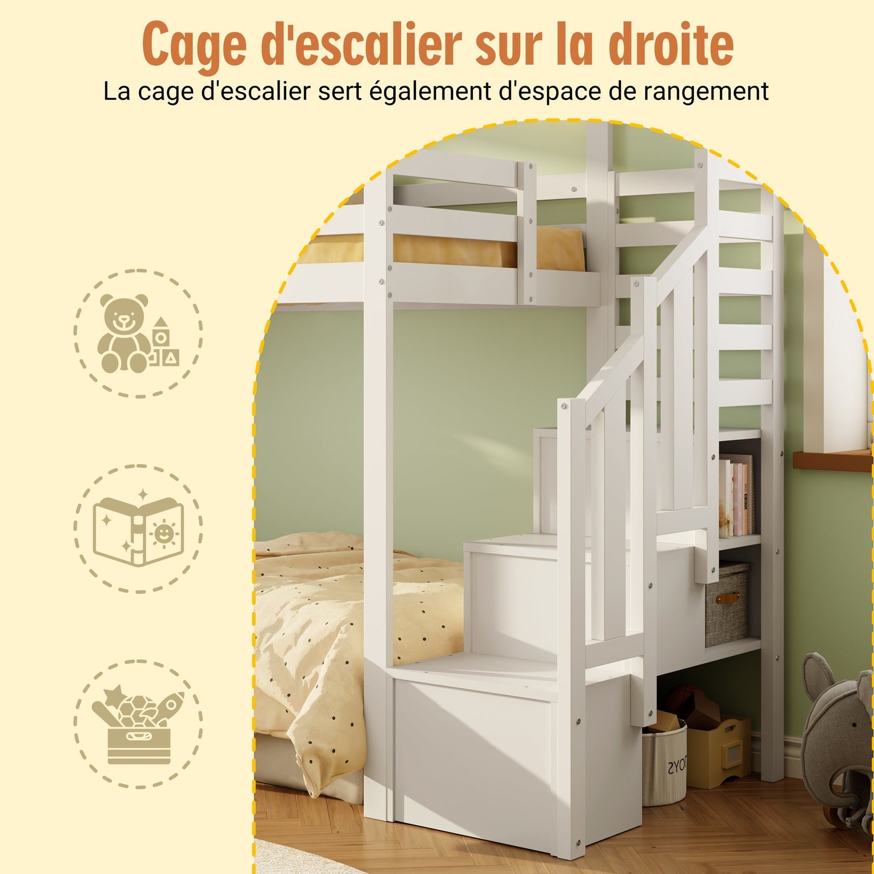 Bunk Bed with Storage Stairs and Fall Protection, 90x200cm, White Solid Wood