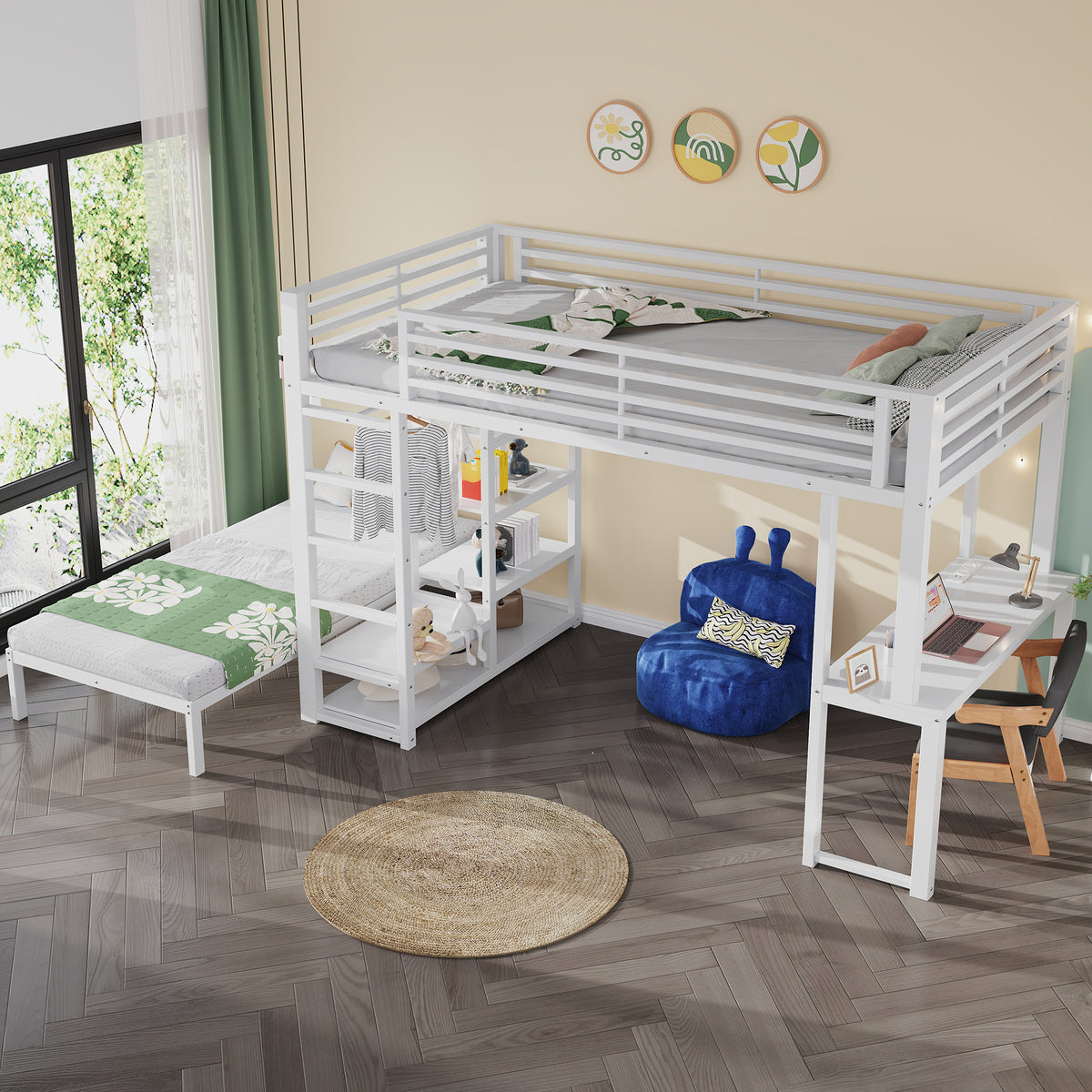 Bunk Bed 90x200cm with Desk & Shelves, White Metal
