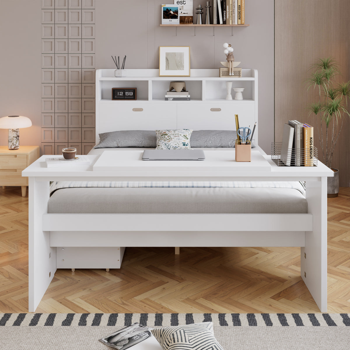 Children's Bed 140x200cm with Storage & Desk in White Wood