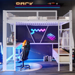 Metal Play Loft Bed 140x200cm, USB LED Desk Wardrobe Storage, White