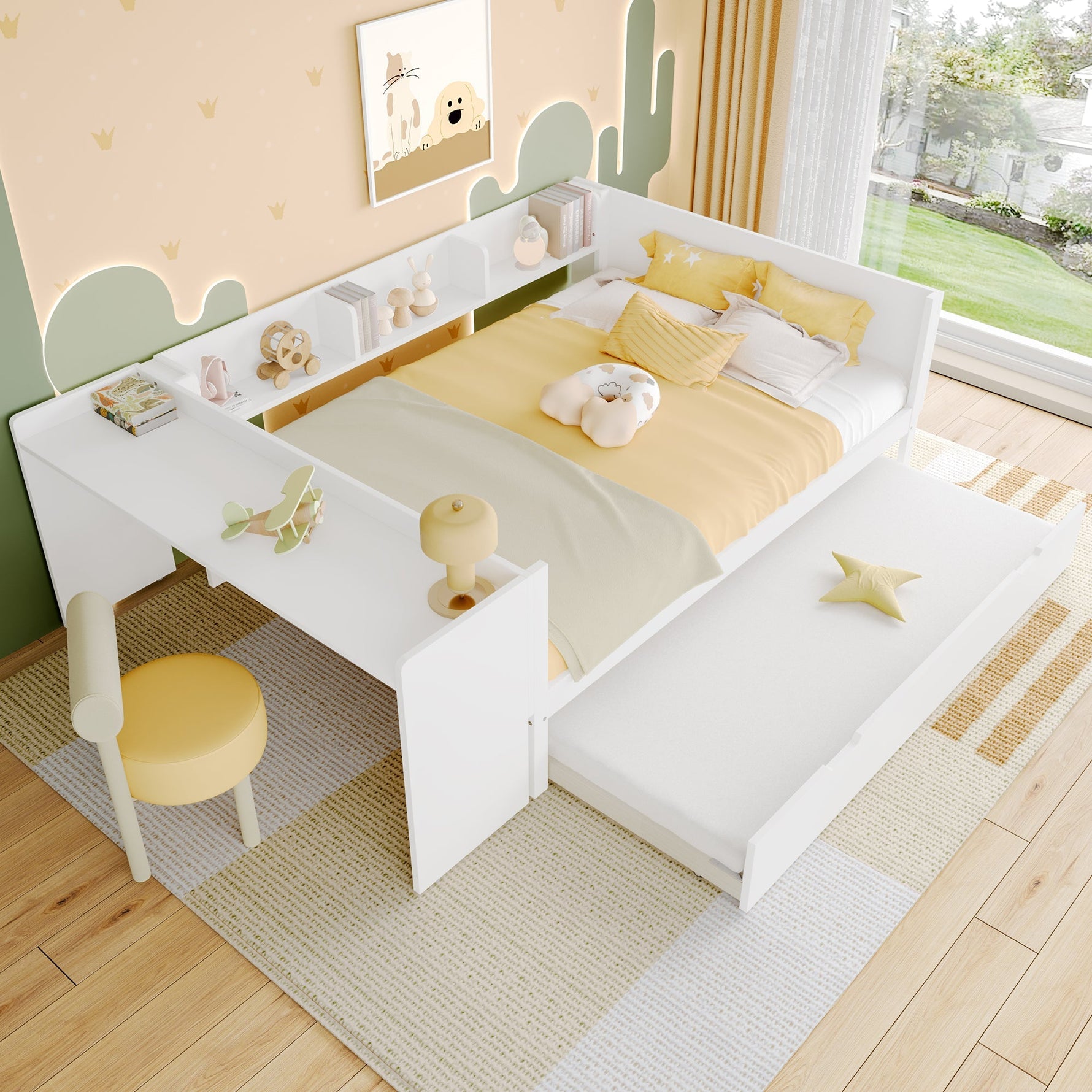Wooden Flatbed Double Bed with Desk, Trundle and Shelves, White Pine and Chipboard