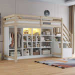 Loft Bed with Wardrobe, Storage Cabinets, LED and Side Ladder, 90x200cm, Wood Color