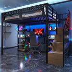 Loft Bed with Desk, Storage Ladder and LED Strip, Black Iron Frame